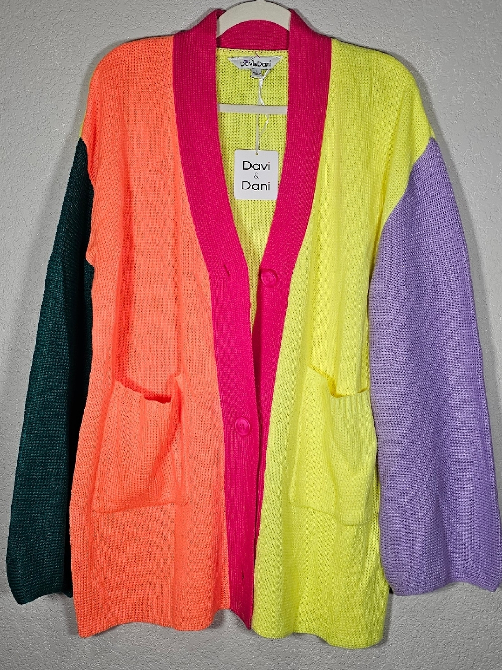 DAVI & DANI Neon Colorblock Cardigan - Hot Pink, Neon Yellow, Coral, Lilac - Picture 2 of 5